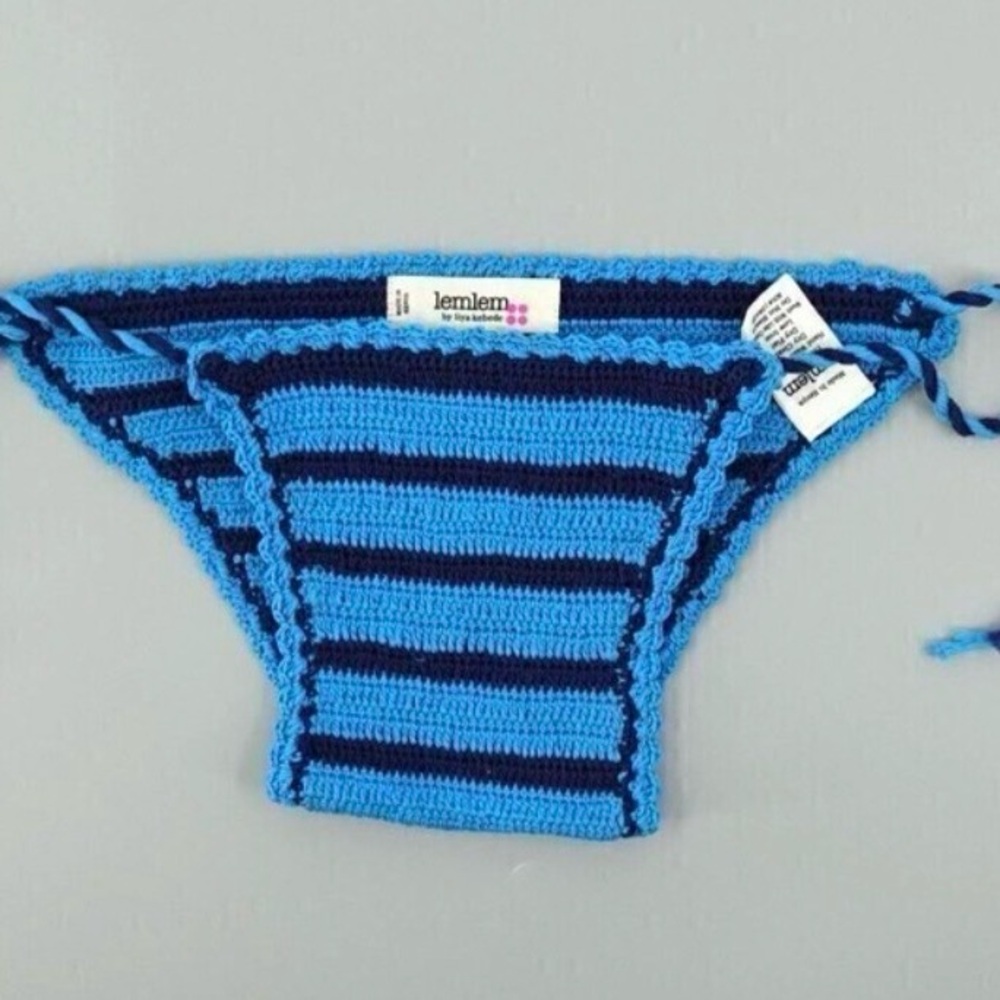 LEMLEM Bikini Bottom Womens Small Blue Striped Handmade Crochet Tie Side String